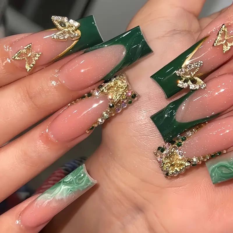 Emerald Green Gold Butterfly Press On Nails Luxury Long Coffin Set