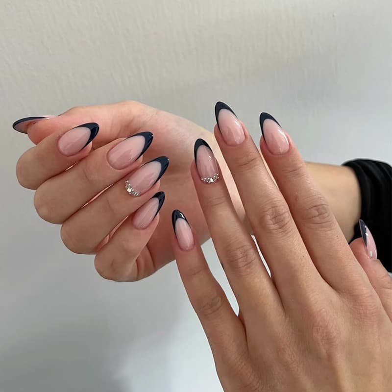 Black French Tip Press On Nails Elegant Almond Nude Nail Set