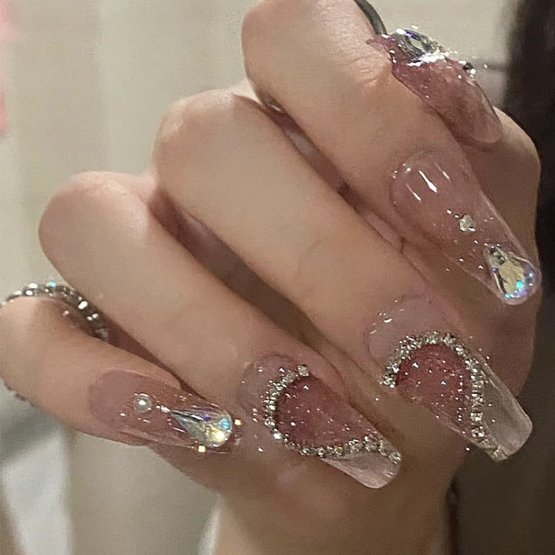 Rose Gold Glitter Press On Nails Glamorous Long Coffin Set